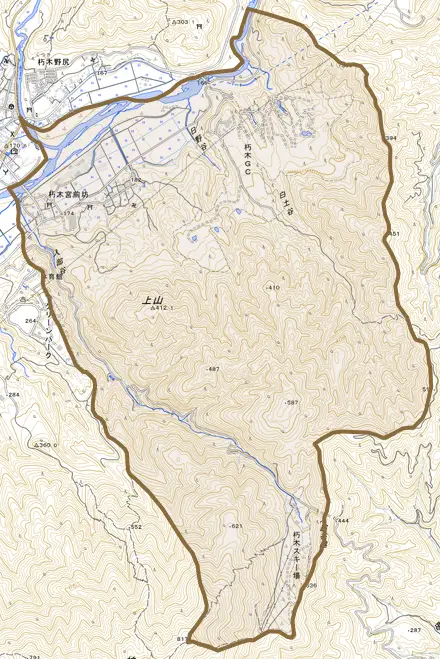 朽木宮前坊とその周辺の地図。町の範囲を重ねている