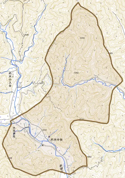 朽木中牧とその周辺の地図。町の範囲を重ねている