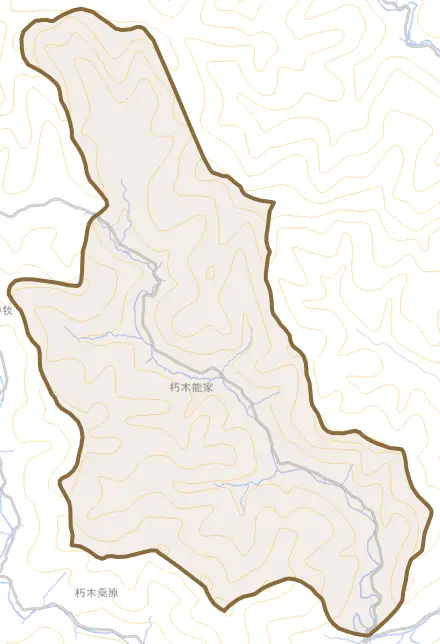 朽木能家とその周辺の地図。町の範囲を重ねている