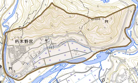朽木野尻とその周辺の地図。町の範囲を重ねている