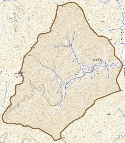 朽木生杉とその周辺の地図。町の範囲を重ねている