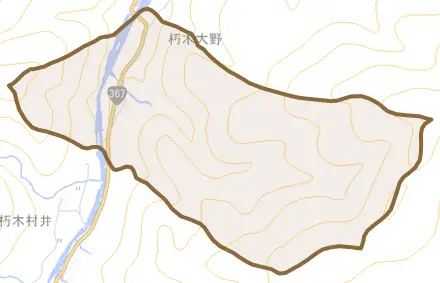 朽木大野とその周辺の地図。町の範囲を重ねている