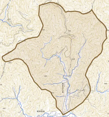 朽木小入谷とその周辺の地図。町の範囲を重ねている