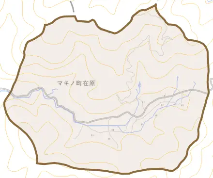 マキノ町在原とその周辺の地図。町の範囲を重ねている