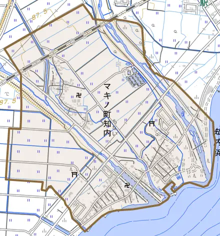マキノ町知内とその周辺の地図。町の範囲を重ねている