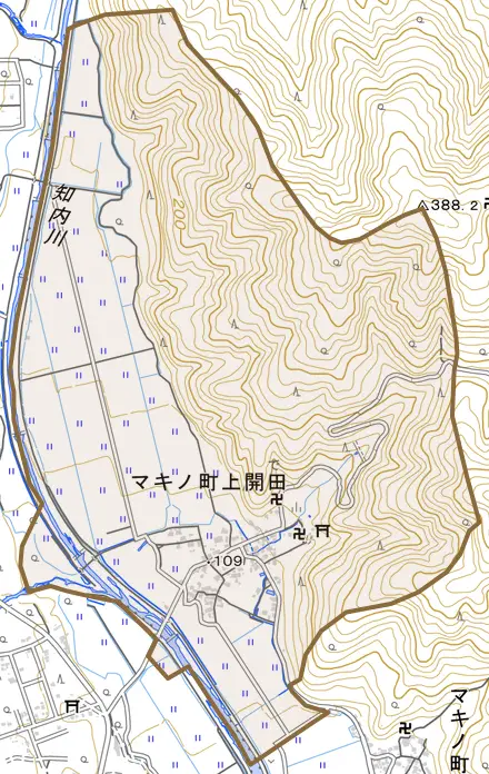 マキノ町上開田とその周辺の地図。町の範囲を重ねている