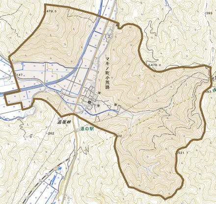マキノ町小荒路とその周辺の地図。町の範囲を重ねている