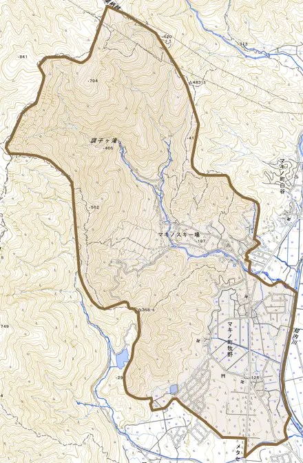 マキノ町牧野とその周辺の地図。町の範囲を重ねている