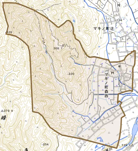 マキノ町森西とその周辺の地図。町の範囲を重ねている