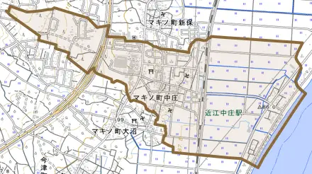 マキノ町中庄とその周辺の地図。町の範囲を重ねている