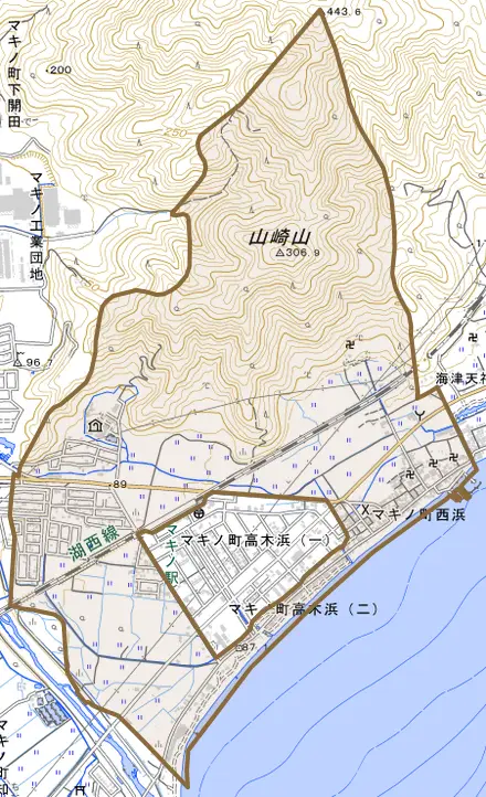 マキノ町西浜とその周辺の地図。町の範囲を重ねている