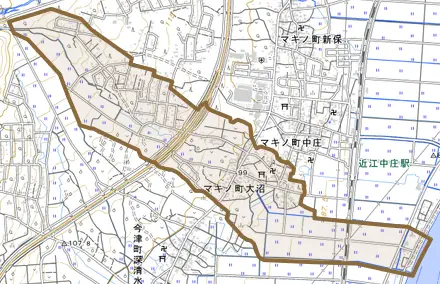 マキノ町大沼とその周辺の地図。町の範囲を重ねている