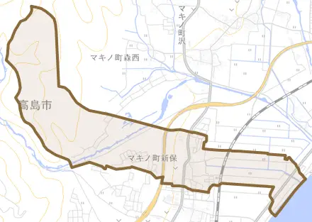 マキノ町新保とその周辺の地図。町の範囲を重ねている