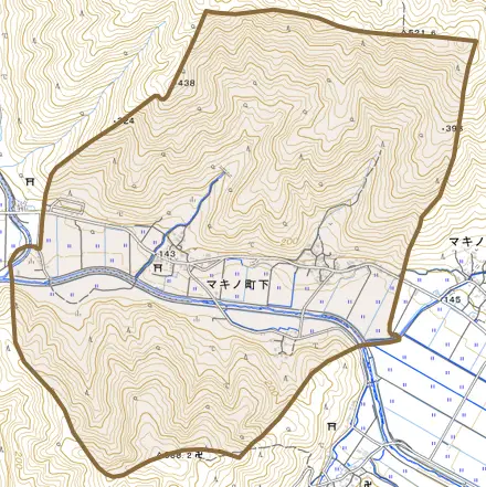 マキノ町下とその周辺の地図。町の範囲を重ねている