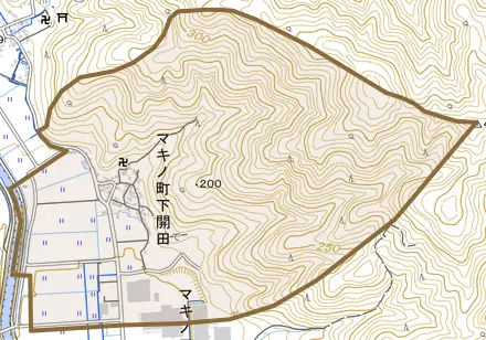 マキノ町下開田とその周辺の地図。町の範囲を重ねている