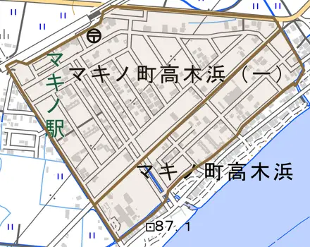 マキノ町高木浜とその周辺の地図。町の範囲を重ねている