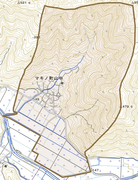 マキノ町山中とその周辺の地図。町の範囲を重ねている