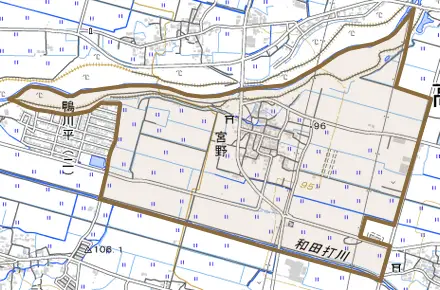 宮野とその周辺の地図。町の範囲を重ねている