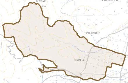 武曽横山とその周辺の地図。町の範囲を重ねている