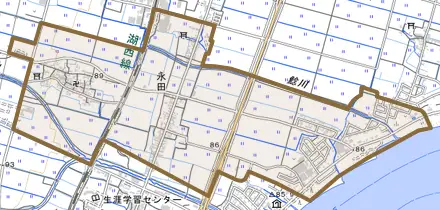 永田とその周辺の地図。町の範囲を重ねている