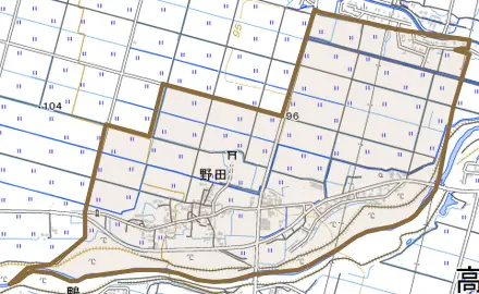 野田とその周辺の地図。町の範囲を重ねている