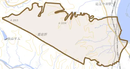新旭町饗庭とその周辺の地図。町の範囲を重ねている