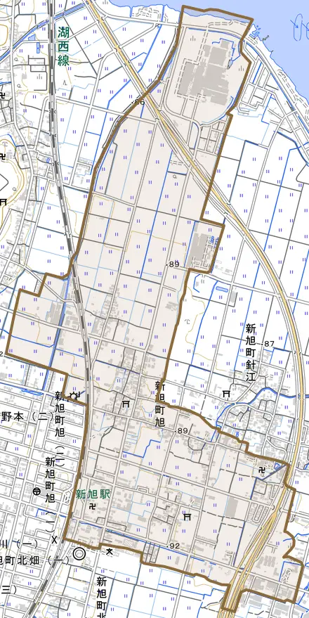 新旭町旭とその周辺の地図。町の範囲を重ねている