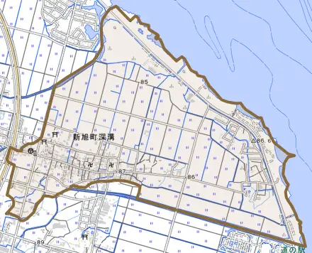 新旭町深溝とその周辺の地図。町の範囲を重ねている