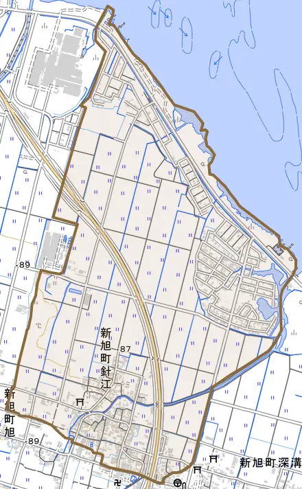新旭町針江とその周辺の地図。町の範囲を重ねている