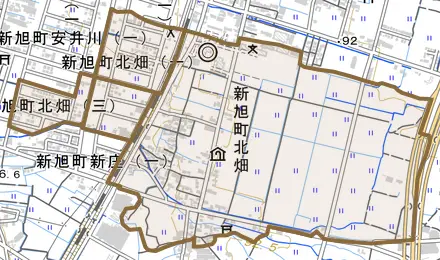 新旭町北畑とその周辺の地図。町の範囲を重ねている