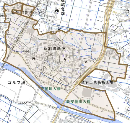 新旭町新庄とその周辺の地図。町の範囲を重ねている
