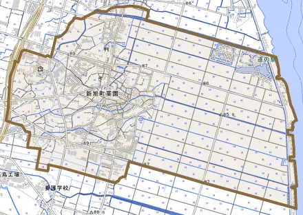 新旭町藁園とその周辺の地図。町の範囲を重ねている