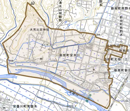 新旭町安井川とその周辺の地図。町の範囲を重ねている