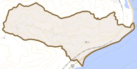 鵜川とその周辺の地図。町の範囲を重ねている