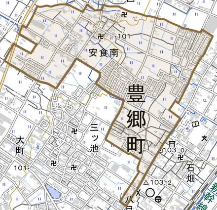 大字安食南とその周辺の地図。町の範囲を重ねている
