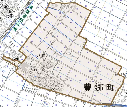 大字八町とその周辺の地図。町の範囲を重ねている