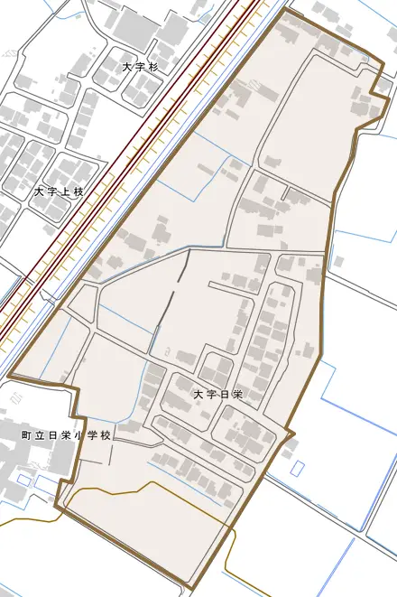 大字日栄とその周辺の地図。町の範囲を重ねている