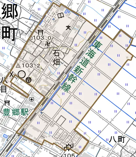 大字石畑とその周辺の地図。町の範囲を重ねている