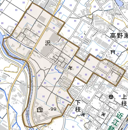 大字沢とその周辺の地図。町の範囲を重ねている