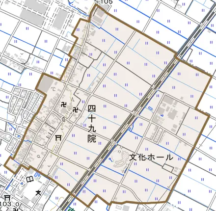 大字四十九院とその周辺の地図。町の範囲を重ねている