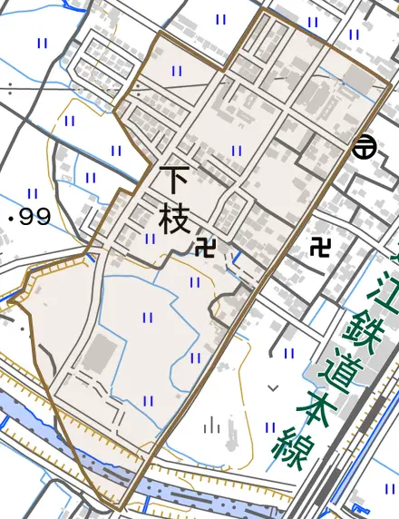 大字下枝とその周辺の地図。町の範囲を重ねている