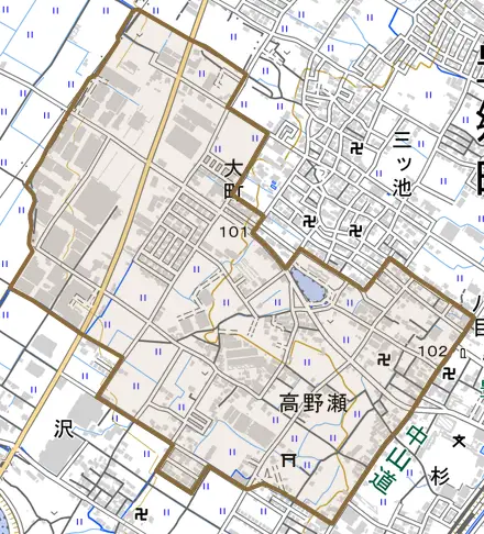 大字高野瀬とその周辺の地図。町の範囲を重ねている