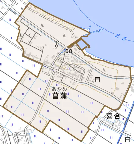 菖蒲とその周辺の地図。町の範囲を重ねている