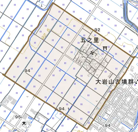 五之里とその周辺の地図。町の範囲を重ねている