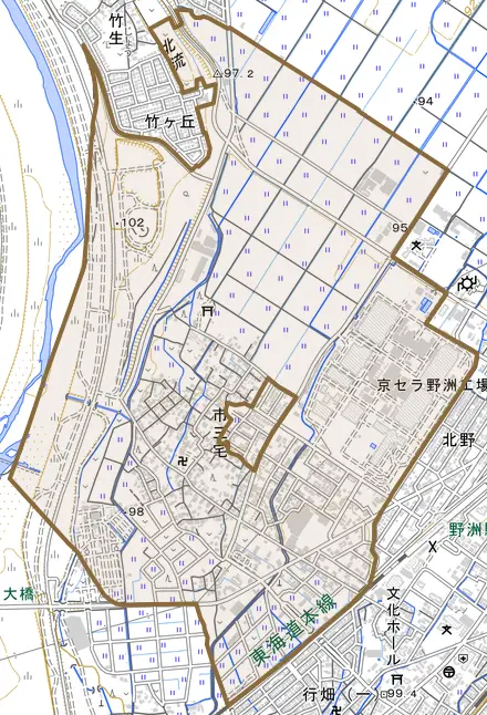 市三宅とその周辺の地図。町の範囲を重ねている