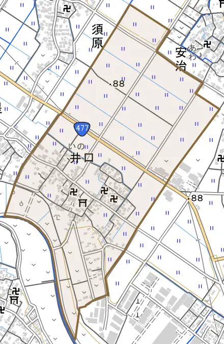 井口とその周辺の地図。町の範囲を重ねている