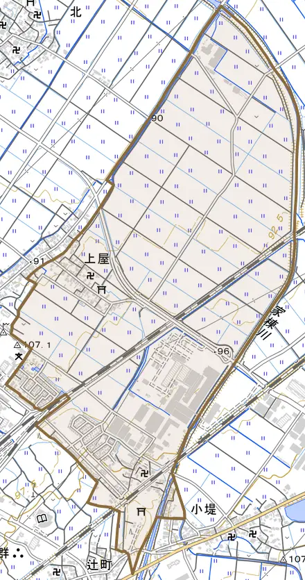 上屋とその周辺の地図。町の範囲を重ねている