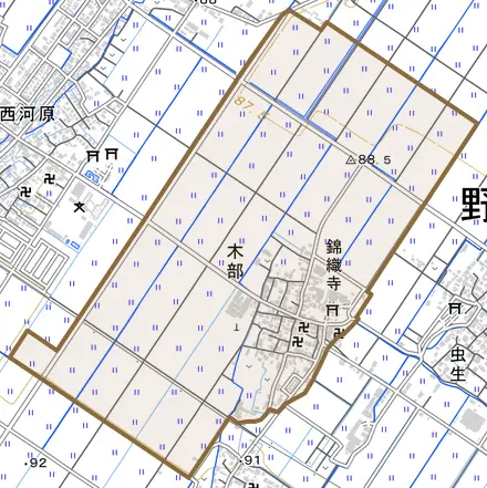 木部とその周辺の地図。町の範囲を重ねている