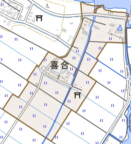 喜合とその周辺の地図。町の範囲を重ねている