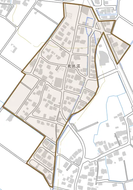 北比江とその周辺の地図。町の範囲を重ねている